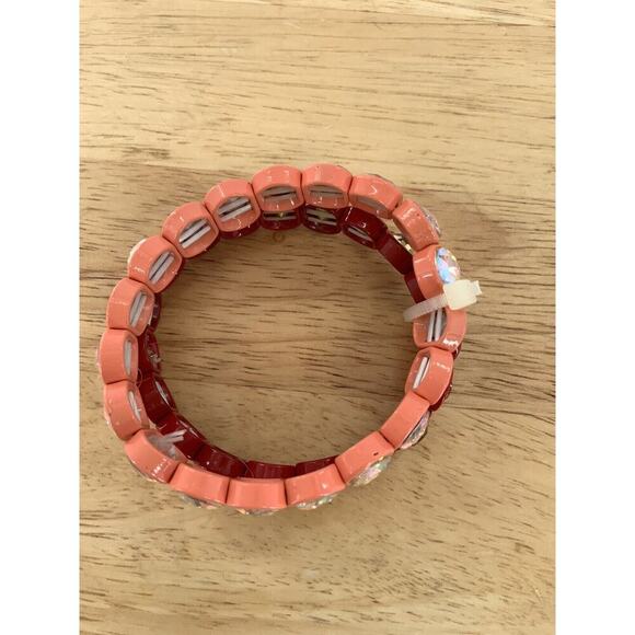 AB Rhinestone Red & Coral Stretch Bracelets Set of 2 Fashion Jewelry - Picture 3 of 9